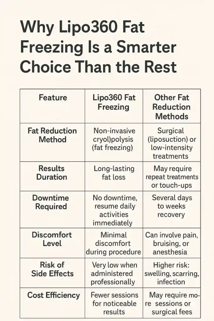 Is it possible to permanently freeze fat cells? 2 Table showing benefits of fat freezing to remove fat cells Wilmslow from Lipo 360